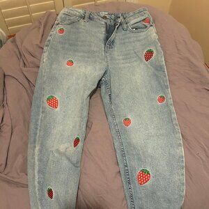 Strawberry Embroidered Mom Jeans